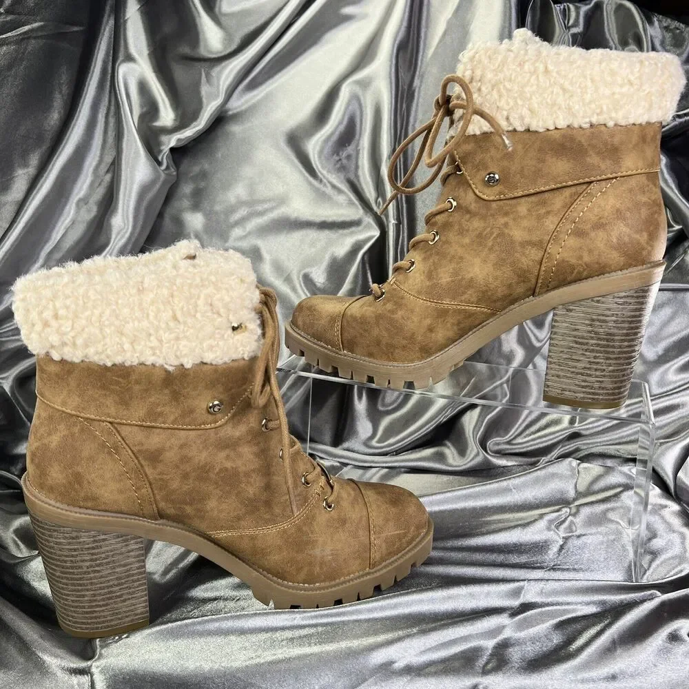 GBG G by Guess Boots Women Sz 9.5 M Brown 4” Heel Lace Up Chunky Lug Fur Booties